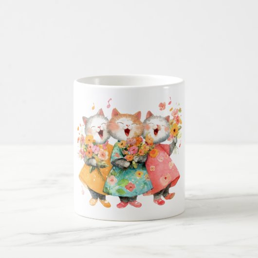 花束を持つ歌う猫たち コーヒーマグカップ (中央)