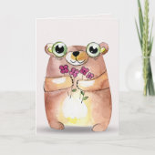 花束を持つ水彩画くまの考えること カード (正面)