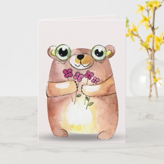 花束を持つ水彩画くまの考えること カード (黄色い花)