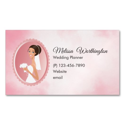 花束を持つ結婚白のドレスを着た花嫁 マグネット名刺 (正面)