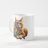 花束を添えたかわいいタビー猫 コーヒーマグカップ (正面左)