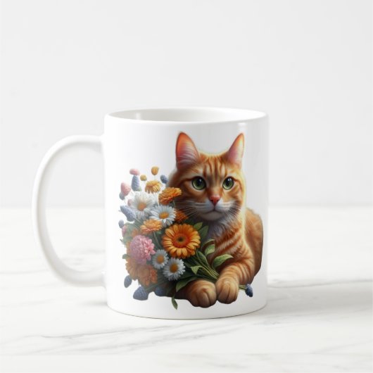 花束を添えたかわいいタビー猫 コーヒーマグカップ (左)
