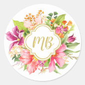 花束カラフル花モノグラムエレガントイニシャル ラウンドシール (正面)