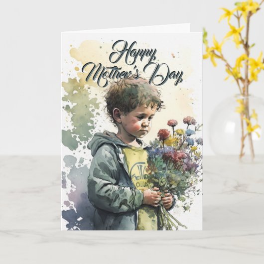 花束付き小さな男の子、マザーズのデイカード カード (黄色い花)
