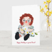 花束付き誕生日デイジー人形 カード (黄色い花)