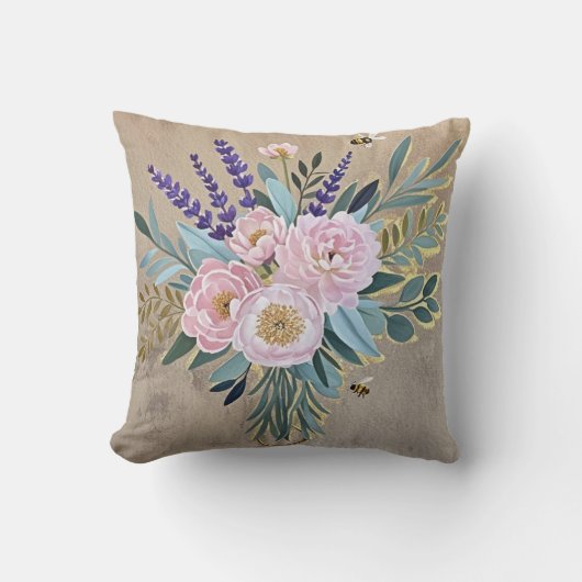 花束牡丹ラベンダーの素朴花 クッション (正面)