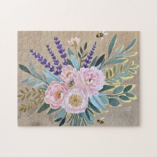 花束牡丹ラベンダーの素朴花 ジグソーパズル (横)