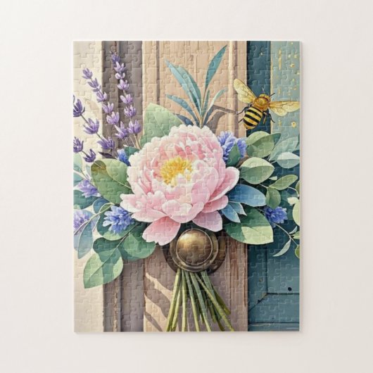 花束牡丹ラベンダーの素朴花 ジグソーパズル (縦)