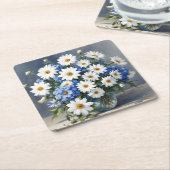 花束 エレガントなデイジー 水彩画 スクエアペーパーコースター (アングル)