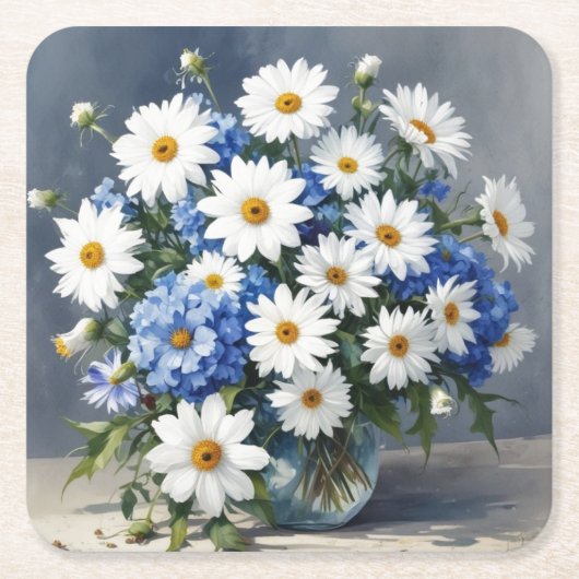 花束 エレガントなデイジー 水彩画 スクエアペーパーコースター (正面)