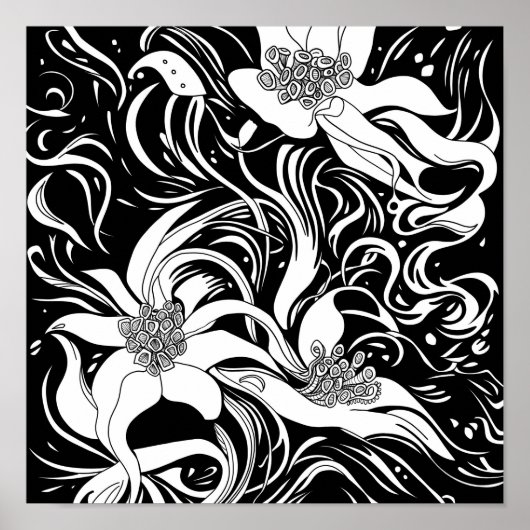 花束 自然 花 インク塗り絵ページ ポスター (正面)
