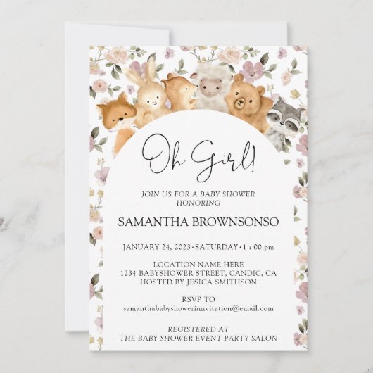 花林動物予算Ohガールベビーシャワー 招待状 (正面)