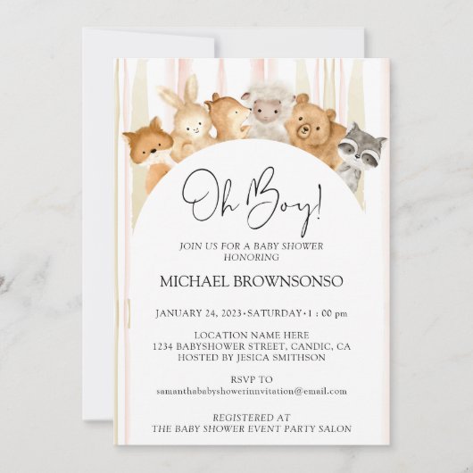花林動物予算Oh男の子ベビーシャワー 招待状 (正面)