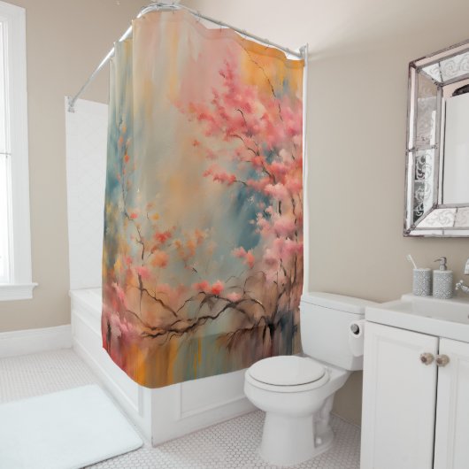 花枝わびサビのピンクとオレンジ シャワーカーテン (インサイチュ)