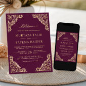 花枠プラムとゴールドのイスラム教ムスリム結婚式 招待状
