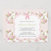 花柄およびストライプな招待状のピンクのバレエシューズ 招待状 (正面/裏面)