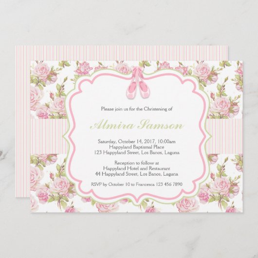 花柄およびストライプな招待状のピンクのバレエシューズ 招待状 (正面/裏面)