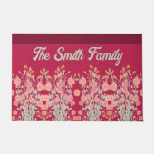 花柄がアクセントのバーガンディ ドアマット (正面)