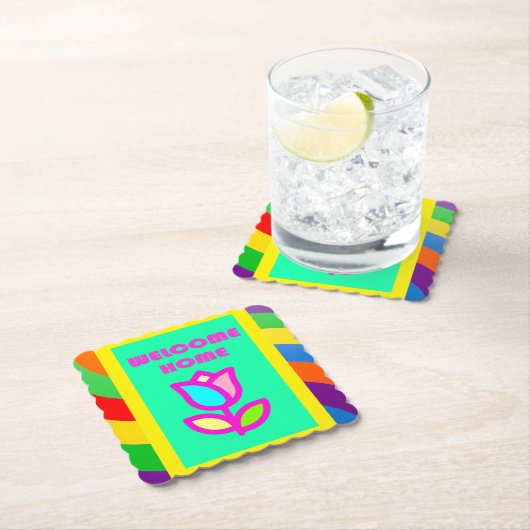 花柄とのストライプウェルカムホーム ペーパーコースター (インサイチュ)