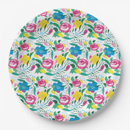 花柄とカラフル花束。 ペーパープレート