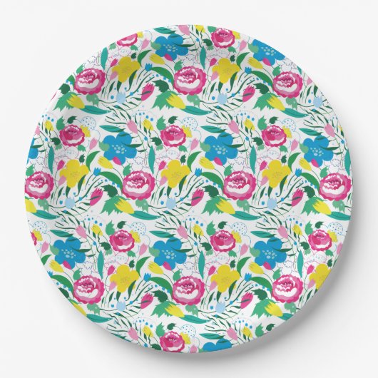 花柄とカラフル花束。 ペーパープレート (正面)