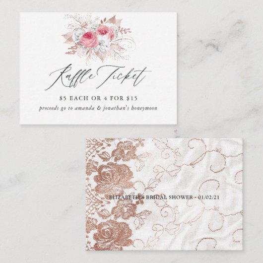 花柄とレースのウェディングシャワーラッフルチケット エンクロージャーカード (正面/裏面)
