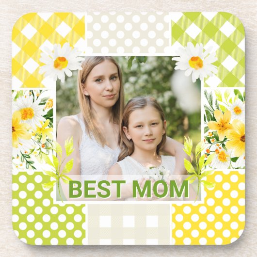花柄と格子模様のフォトフレーム 母の日 コースター (正面)