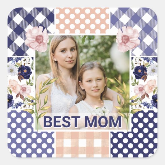 花柄と格子模様の写真フレーム　母の日 スクエアシール (正面)