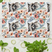 花柄のかわいいタヌキ キッチンタオル (折り畳み)