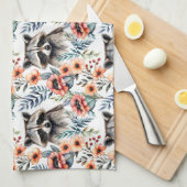 花柄のかわいいタヌキ キッチンタオル (四つ折り)