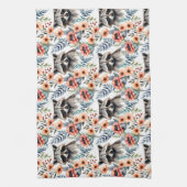 花柄のかわいいタヌキ キッチンタオル (縦)