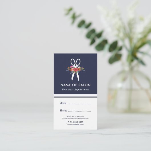 花柄のはさみの美容師のアポイントメントカード 予約カード (スタンド正面)