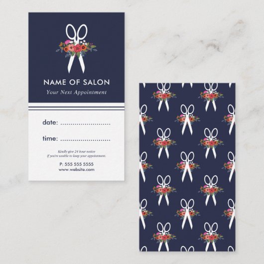 花柄のはさみの美容師のアポイントメントカード 予約カード (正面/裏面)
