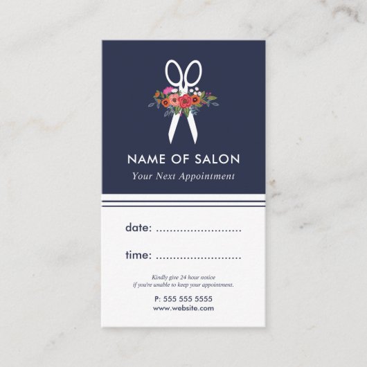 花柄のはさみの美容師のアポイントメントカード 予約カード (正面)