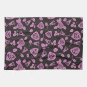 花柄のばら色の背景 キッチンタオル (横)