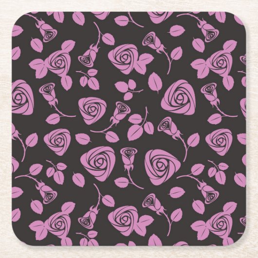 花柄のばら色の背景 スクエアペーパーコースター (正面)