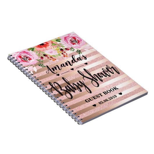 花柄のばら色の金ゴールドのベビーシャワーのゲストブックI ノートブック (右側)
