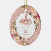 花柄のばら色の金ゴールドのユニコーンの第1初めてのクリスマスの写真 セラミックオーナメント (右)