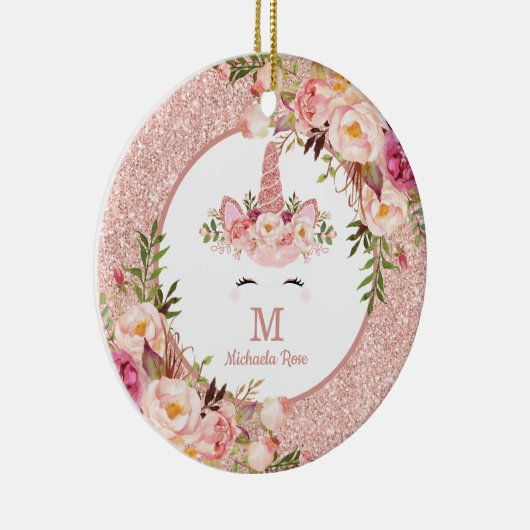 花柄のばら色の金ゴールドのユニコーンの第1初めてのクリスマスの写真 セラミックオーナメント (右)