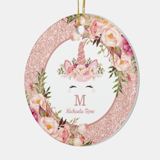 花柄のばら色の金ゴールドのユニコーンの第1初めてのクリスマスの写真 セラミックオーナメント (左)
