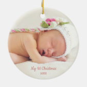 花柄のばら色の金ゴールドのユニコーンの第1初めてのクリスマスの写真 セラミックオーナメント (裏面)