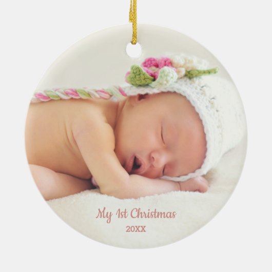 花柄のばら色の金ゴールドのユニコーンの第1初めてのクリスマスの写真 セラミックオーナメント (裏面)