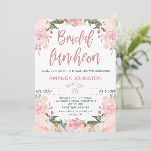 花柄のばら色の金ゴールドの花嫁の昼食会の招待状 招待状 (スタンド正面)