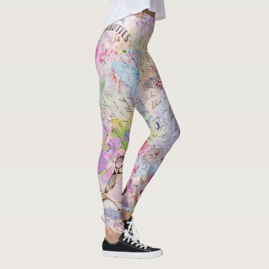 花柄のばら色の金ゴールドのDecoupageの鳥の蝶原稿 レギンス (右)