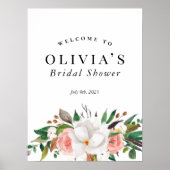花柄のグリーンとホワイトとピンクのウェディングシャワーのウェルカムサイン ポスター (正面)