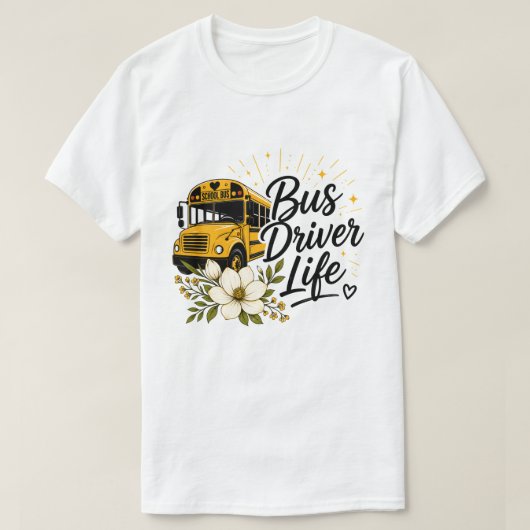 花柄のスクールバス運転手Tシャツ - "バス運転手の人生" Tシャツ (デザイン正面)