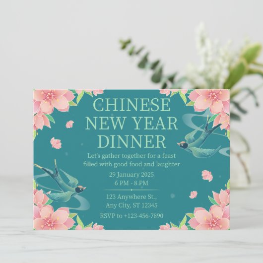 花柄のターコイズ色 中国新年ディナー 招待状 (スタンド正面)