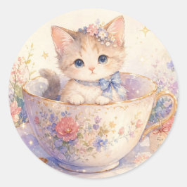 花柄のティーカップの子猫ステッカー ラウンドシール