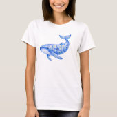 花柄のテーマの青いクジラの陶芸アート Tシャツ (正面)