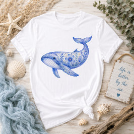 花柄のテーマの青いクジラの陶芸アート Tシャツ